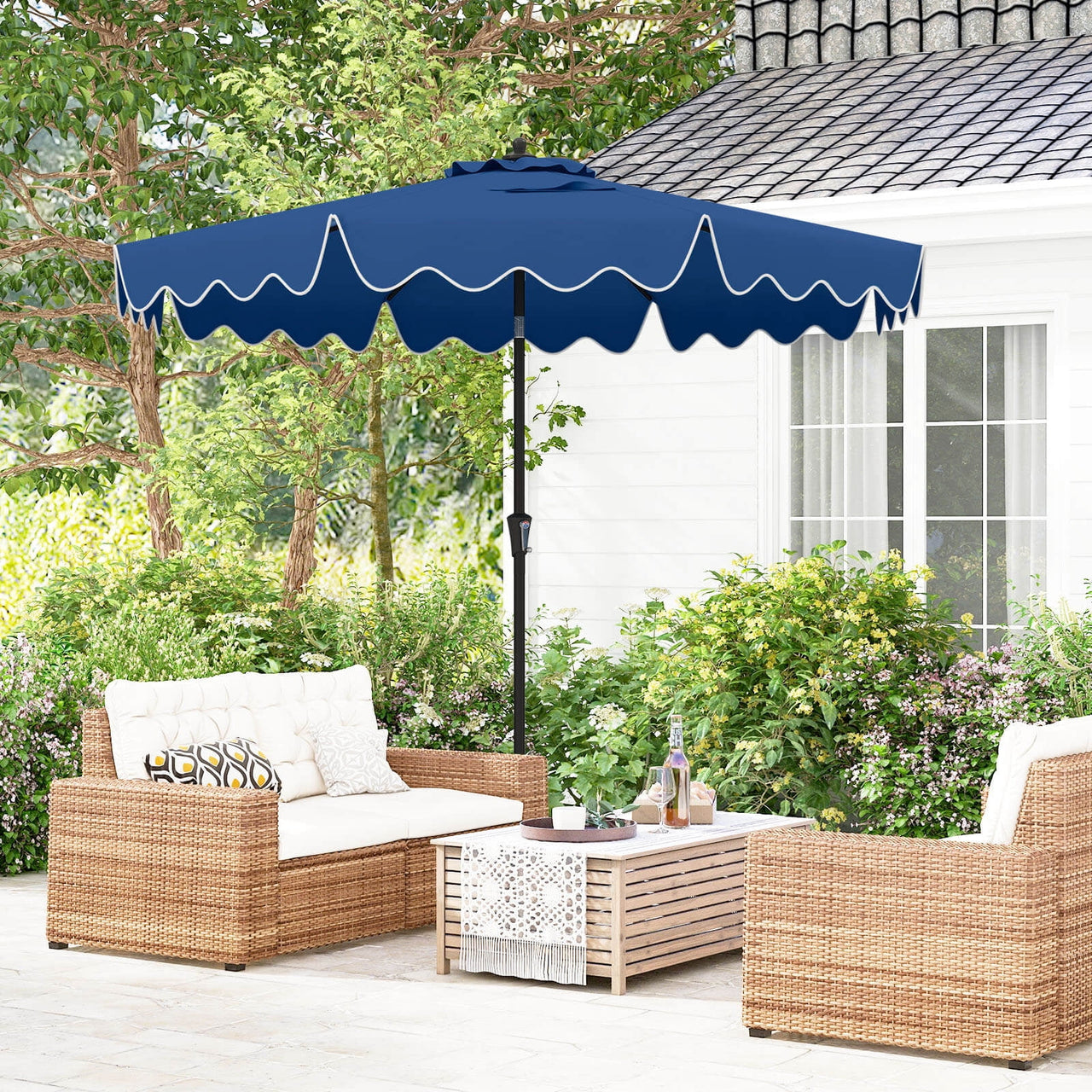 Costway 9 FT Patio Umbrella 2-Tier Market Table Umbrella with Sun-Protective Canopy Navy