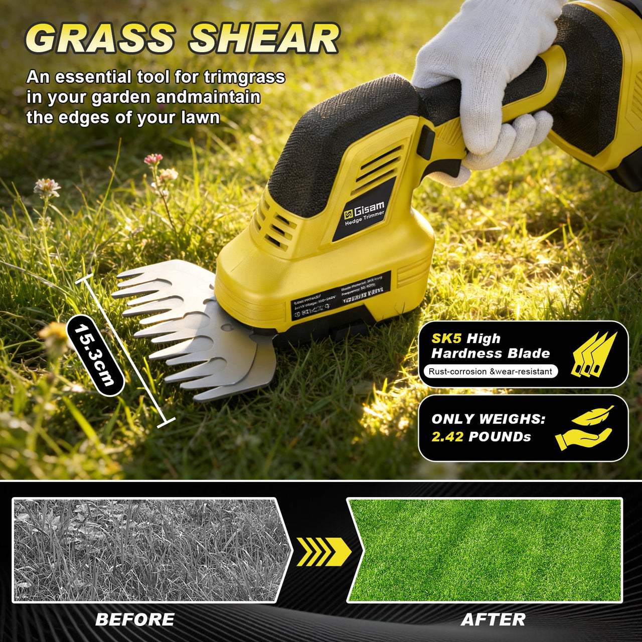Gisam Cordless Electric Hedge Trimmer, 2-in-1 Mini Hedge Trimmer Cordless & Grass Shears, 2 x 2.0Ah Battery and Charger included