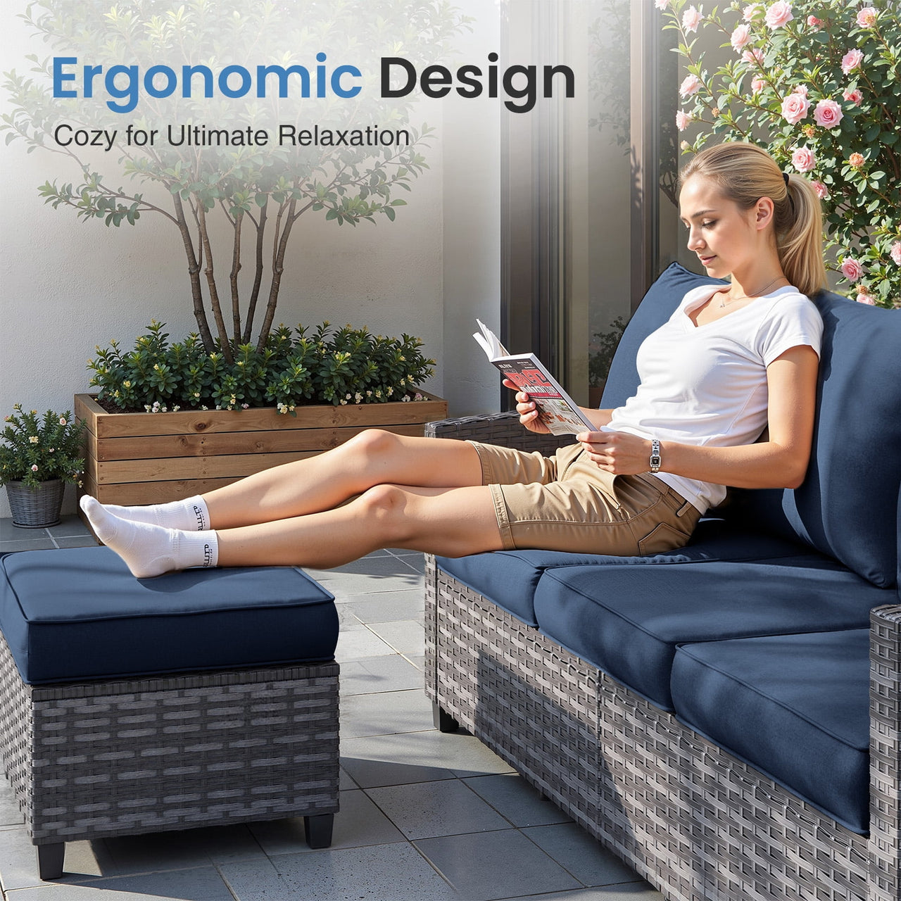 ELPOSUN Patio Furniture Set, 6 Pieces Outdoor Patio Set, All-Weather Wicker Rattan Outdoor Furniture Set with Swivel Chairs for Poolside, Backyard, Gray Wicker Navy Blue Cushions