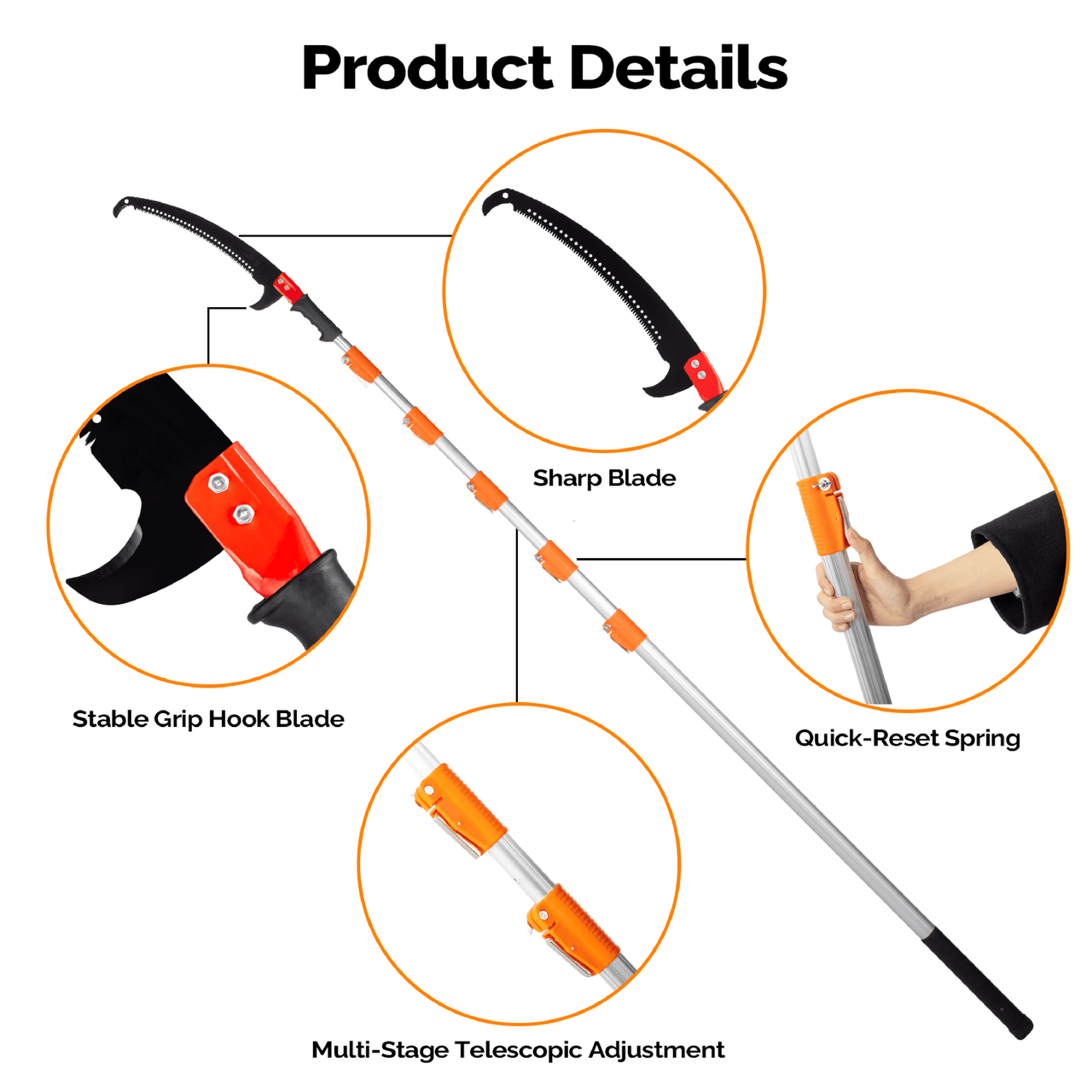 Ktaxon 26FT Manual Pole Saw, Telescoping Tree Trimmer with Carbon Steel Blade, Ladder-Free Pruning, Orange