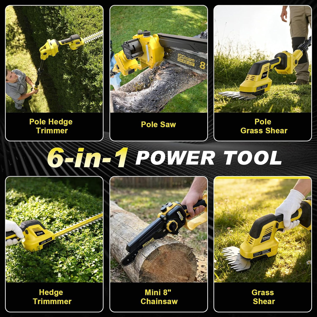 Gisam 6-in-1 Mini Chainsaw & Hedge Trimmer, 8-Inch Electric Chainsaw, 2×4.0Ah Batteries, Brushless Motor 2500W, 0-180° Adjustable,  4.5m Hedge Cutting