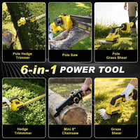 Gisam 6-in-1 Mini Chainsaw & Hedge Trimmer, 8-Inch Electric Chainsaw, 2×4.0Ah Batteries, Brushless Motor 2500W, 0-180° Adjustable,  4.5m Hedge Cutting