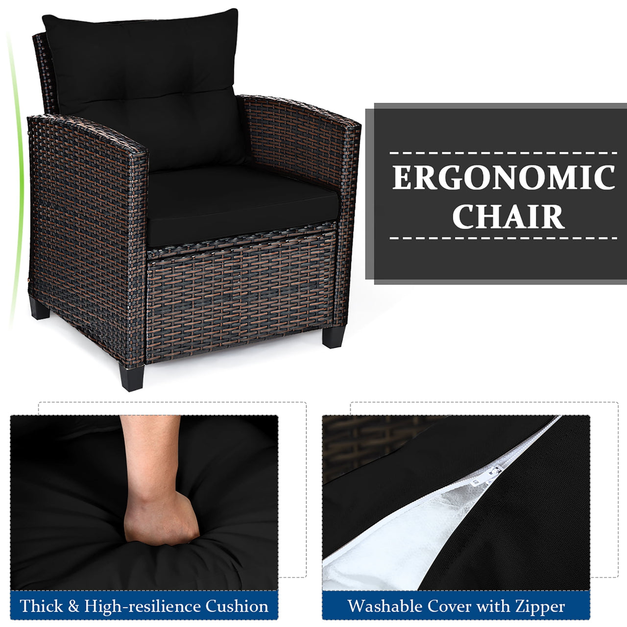 Costway 3PCS Patio Rattan Furniture Set Cushion Conversation Set Sofa Coffee Table Black