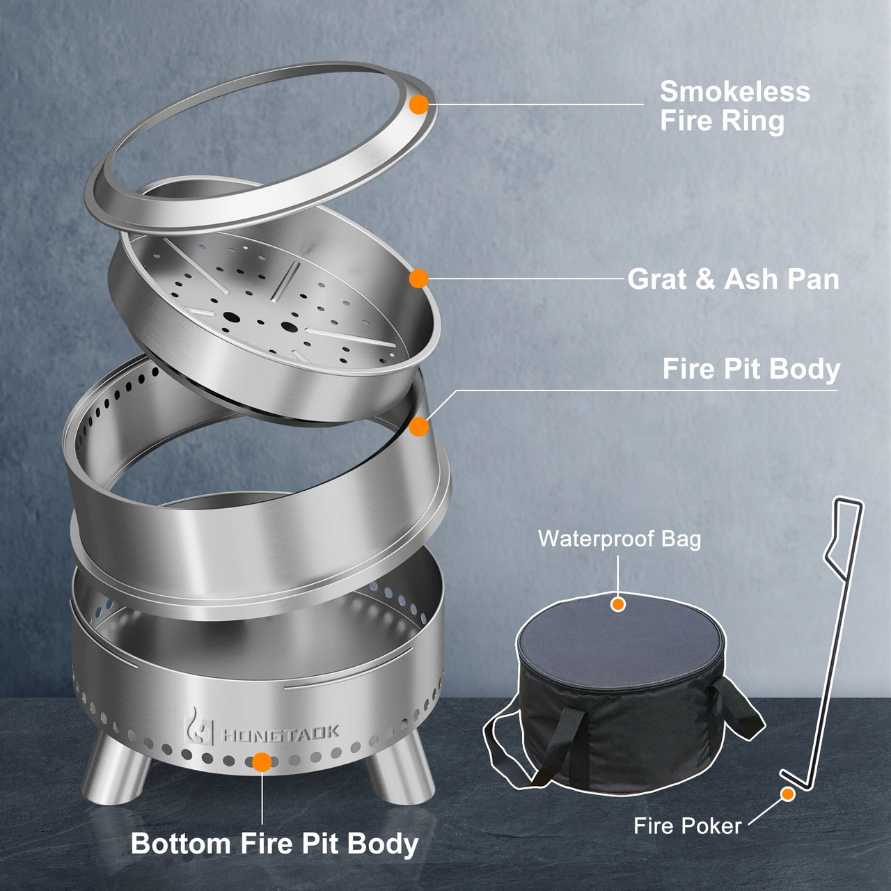 Hongtaok 20 inch Portable Smokeless Fire Pit Outdoor, Stainless Steel, Waterproof Cover and Poker Removable Ash Pan Included.