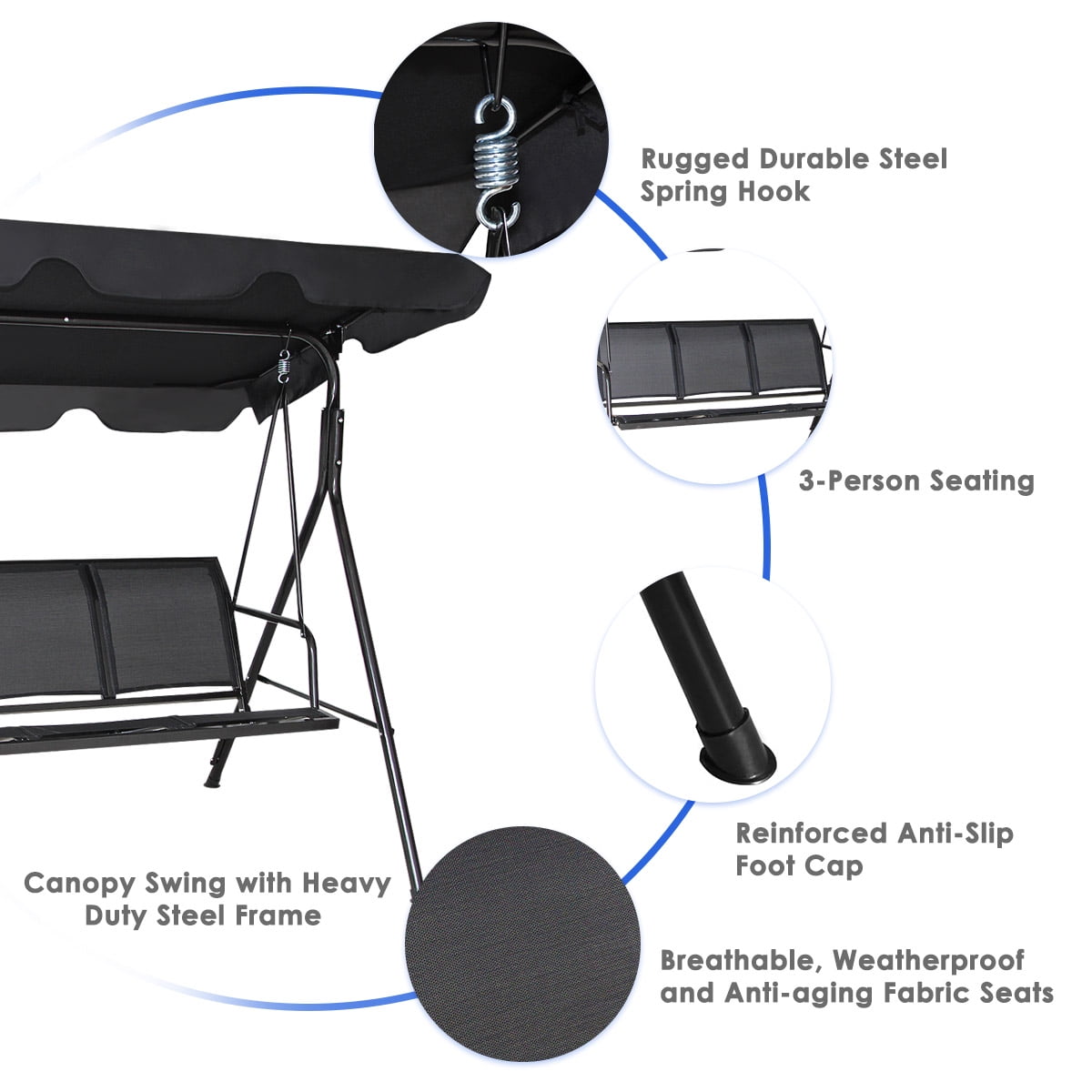 Costway Outdoor Patio Swing Canopy 3 Person Canopy Swing Chair Patio Hammock Black