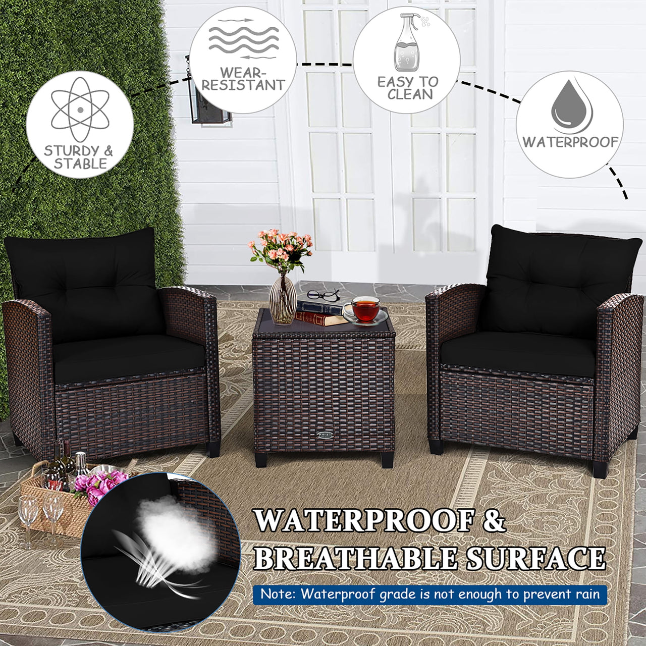Costway 3PCS Patio Rattan Furniture Set Cushion Conversation Set Sofa Coffee Table Black