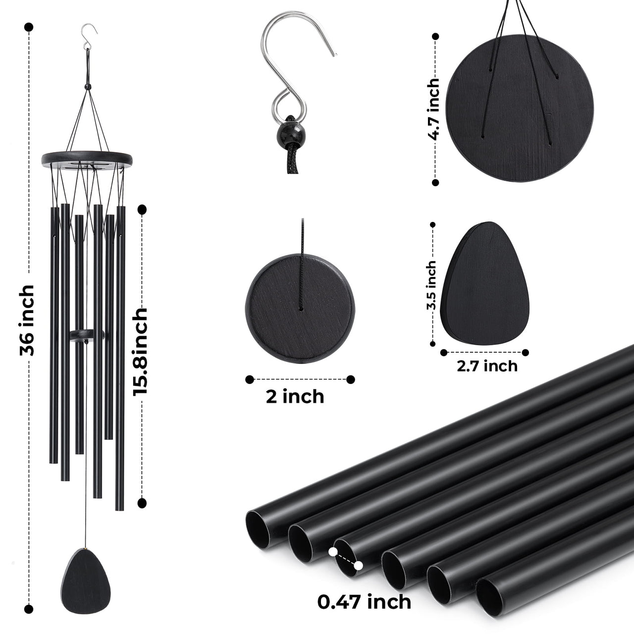 BSHAPPLUS® 36" Wind Chimes for Outside,Memorial Wind Chimes with 6 Black Aluminum Tubes and S Hook,Clearance Wind Chimes for Home Garden Hanging Decor,Window Wind Bells