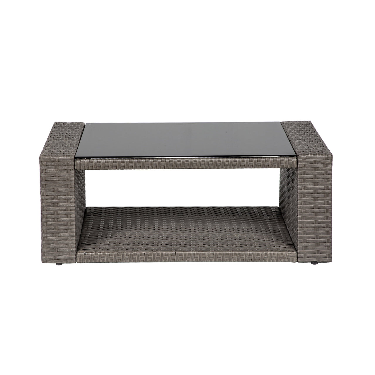 WestinTrends 4pc Outdoor Furniture Conversation Sofa Set with Loveseat, Cofee Table and Cushions, All Weather UV Resistant Rattan Wicker Patio Chairs, Gray/Navy Blue