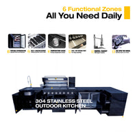62-Inch 6-Burner 96000 BTU Black Stainless Steel Gas Outdoor Kitchen Bar Barbecue Island Grill + Refrigerator + Rotisserie + Granite Countertops