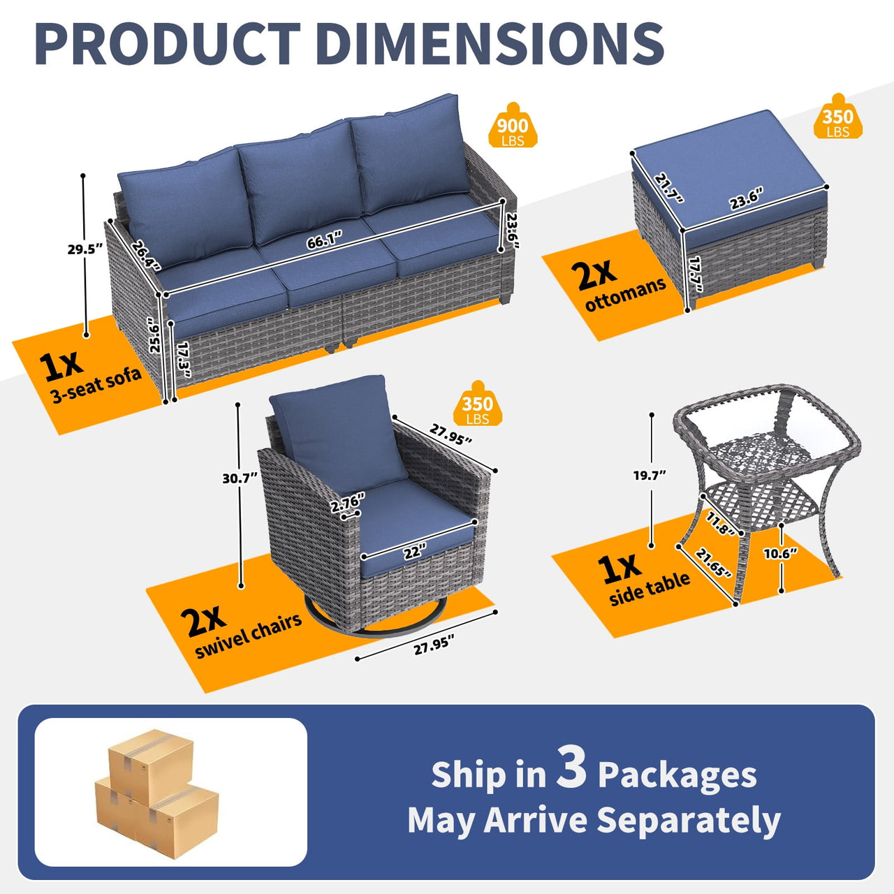 ELPOSUN Patio Furniture Set, 6 Pieces Outdoor Patio Set, All-Weather Wicker Rattan Outdoor Furniture Set with Swivel Chairs for Poolside, Backyard, Gray Wicker Navy Blue Cushions