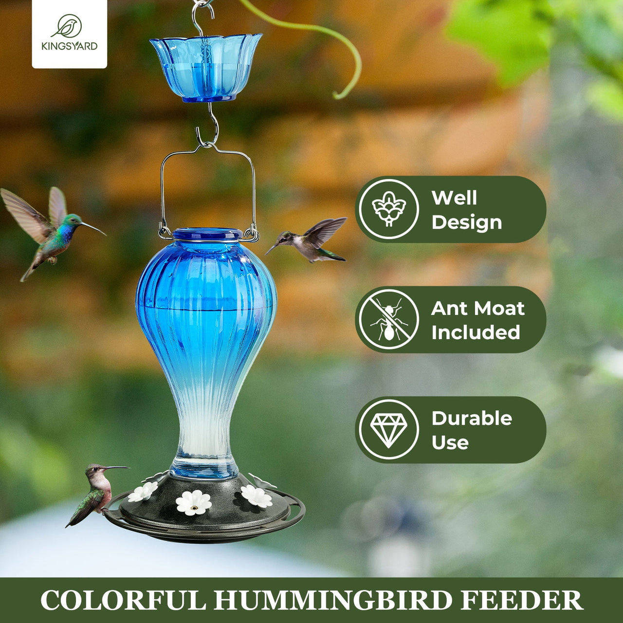 Kingsyard 2 Pack Glass Hummingbird Feeder with Ant Moat for Outdoors, 24 oz, 6 Feeding Ports, Blue