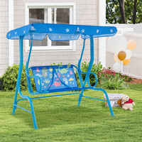 Costway 2-Seater Toddler Porch Swing Chair with Metal Stand Adjustable Canopy Safety Belts Blue