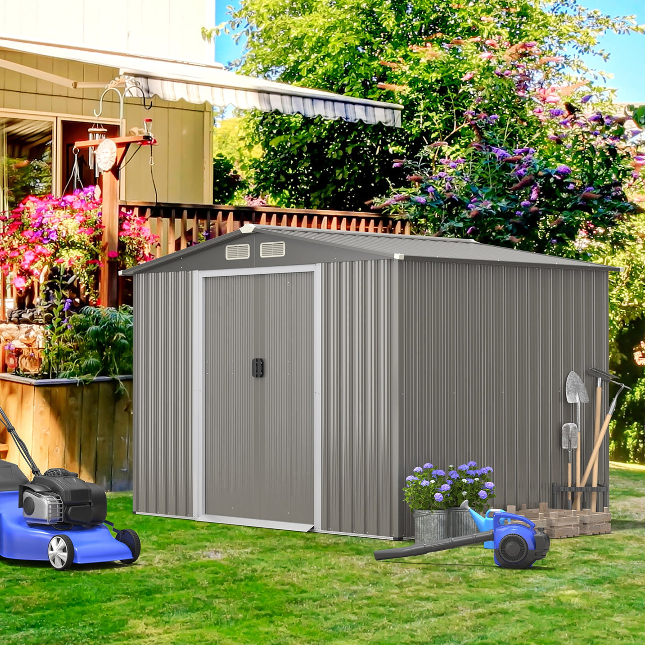 Costway 8'x6' Outdoor Storage Shed Galvanized Steel Tool House Organizer for Garden Yard
