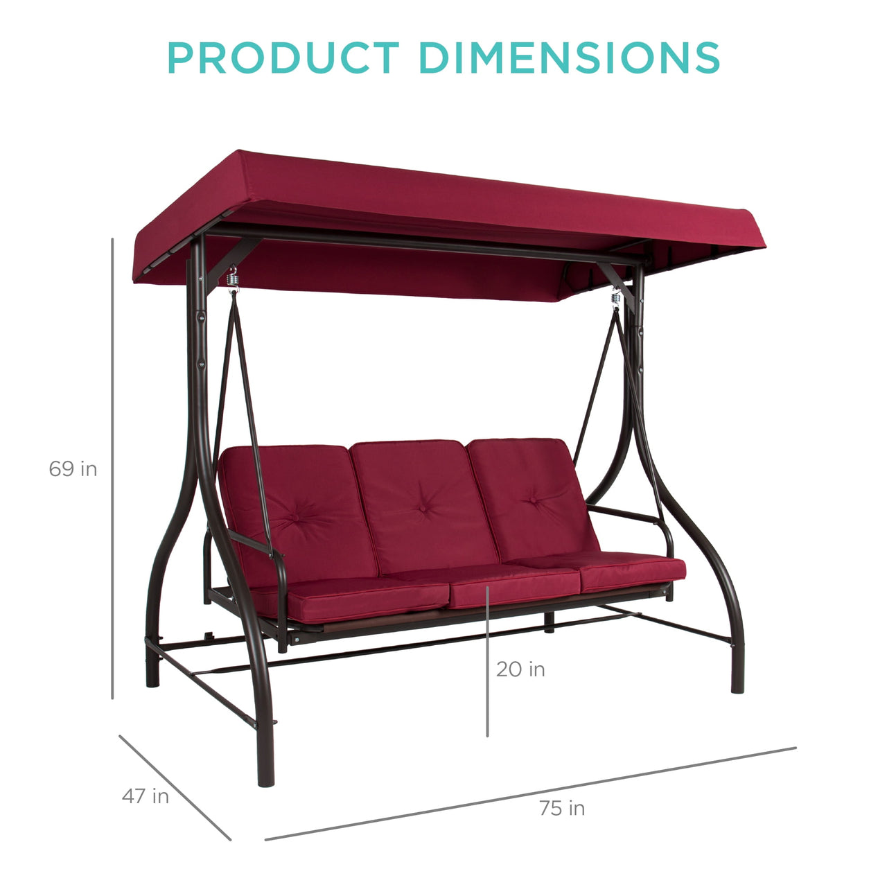 Best Choice Products 3-Seat Outdoor Converting Canopy Swing Glider Patio Hammock w/ Removable Cushions - Burgundy