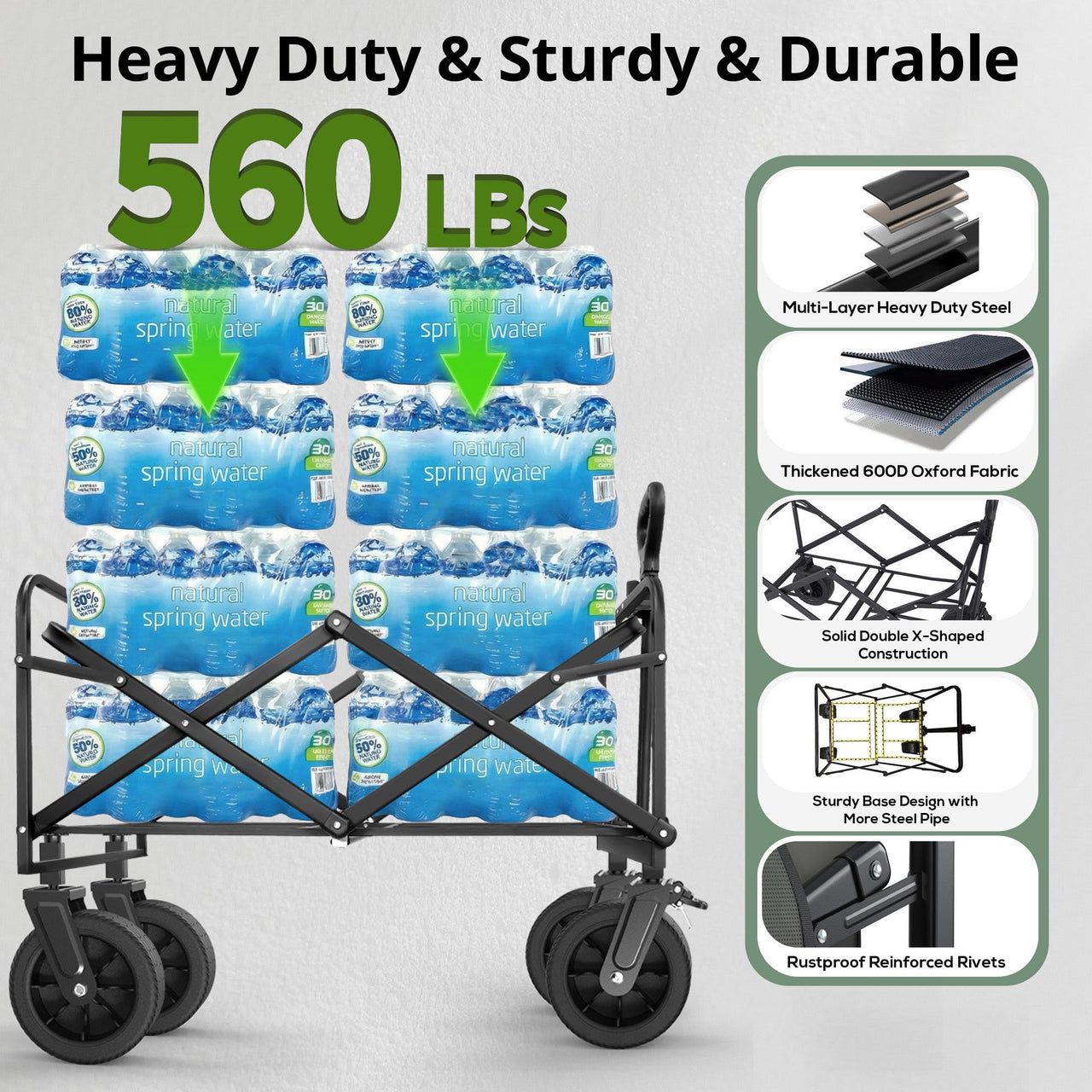 Qunler 560lbs Large Collapsible Folding Wagon with Oversized Tank Wheels, Heavy Duty Big Bucket Utility Garden Cart with Side Pocket for Sports, Shopping, Camping, Kids, Black
