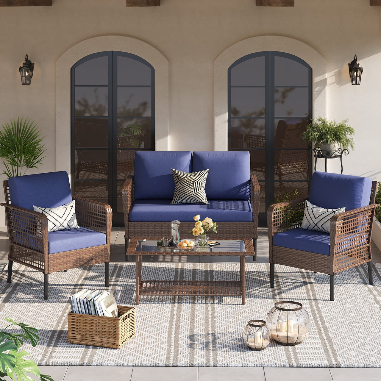 ELPOSUN 4 Pieces Patio Furniture Set, All-Weather Wicker Outdoor Furniture Set for Porch, Patio Conversation Set for Backyard, Balcony, Brown/Blue