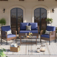 ELPOSUN 4 Pieces Patio Furniture Set, All-Weather Wicker Outdoor Furniture Set for Porch, Patio Conversation Set for Backyard, Balcony, Brown/Blue