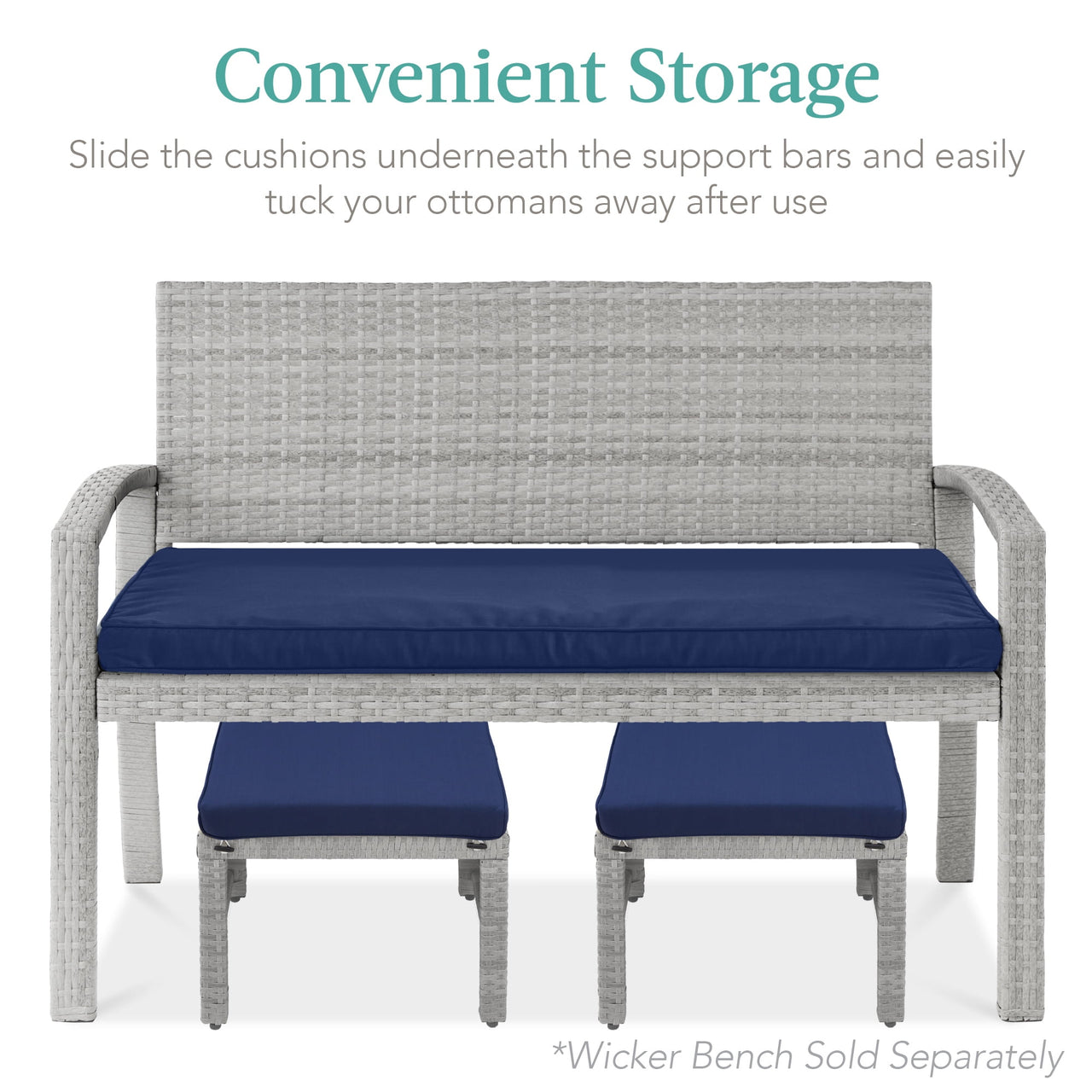 Best Choice Products Set of 2 Multipurpose Patio Wicker Ottomans w/ Removable Cushions - Gray/Navy