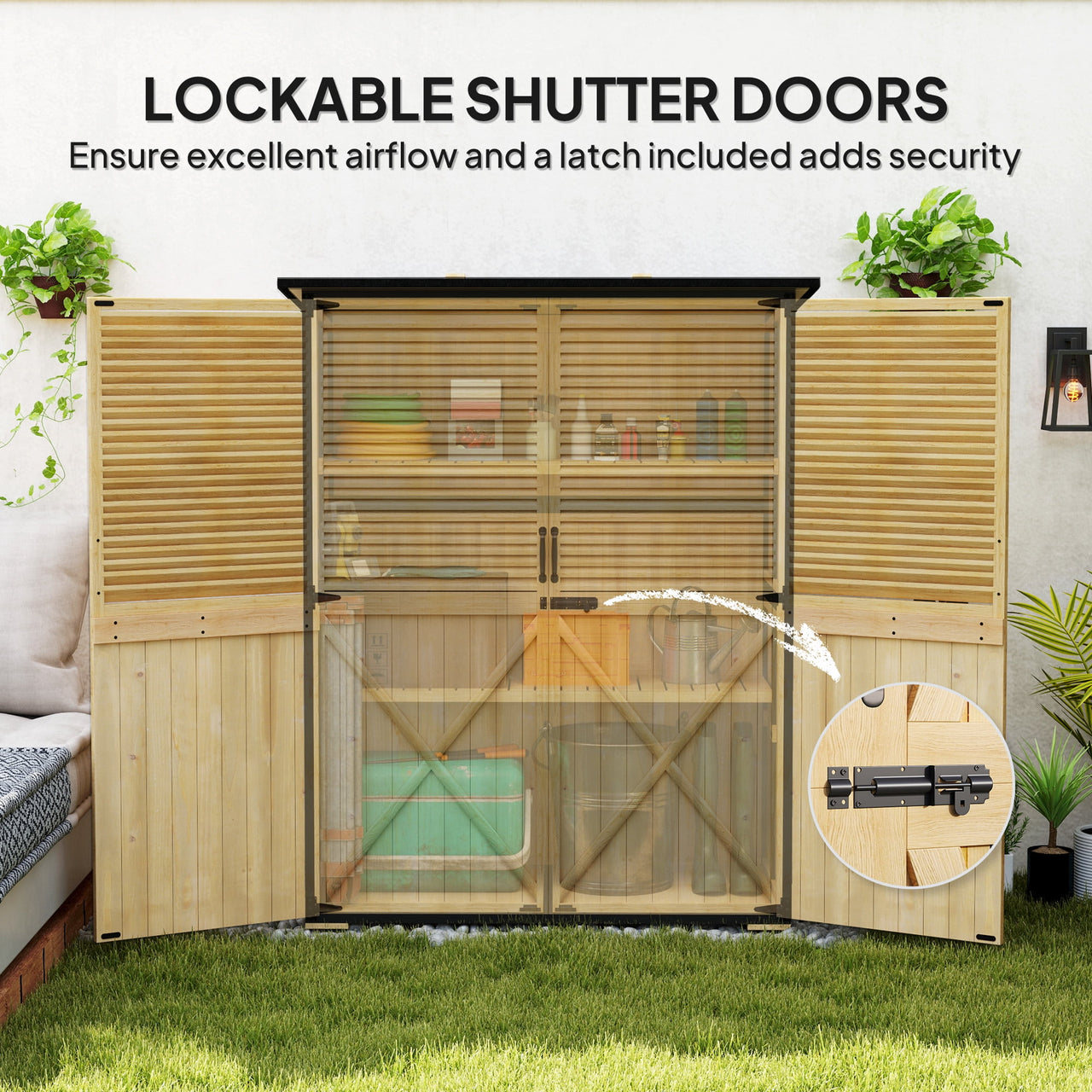 Outsunny Outdoor Storage Shed, Wooden Garden Storage Cabinet with Waterproof Asphalt Roof, 2 Shelves, Lockable Doors and Adjustable Feet, Natural