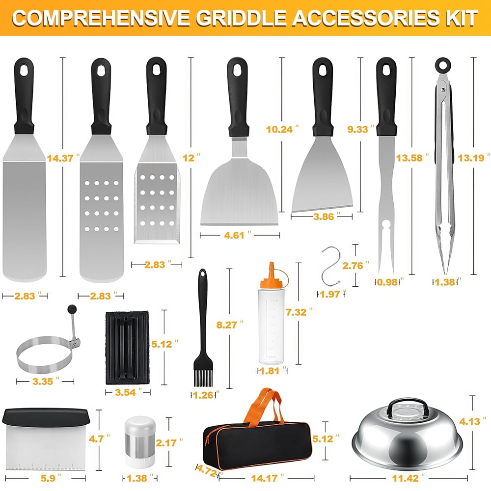 28PCS Griddle Accessories Kit, Flat Top Grill Accessories Set for Blackstone and Camp Chef, Grill Spatula Set with Enlarged Spatulas, Carry Bag,Basting Cover, Scraper for Outdoor BBQ