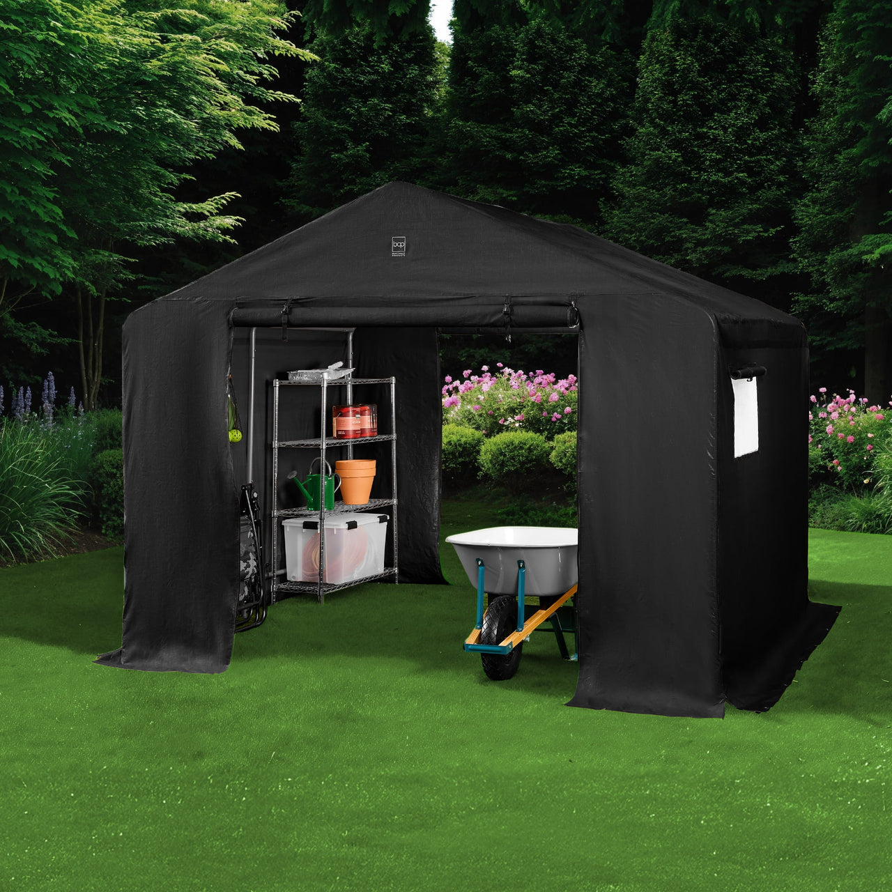 Best Choice Products 10x8ft Outdoor Fabric Storage Shed, Steel Frame, Dual Roll-Up Zipper Doors, Window - Black