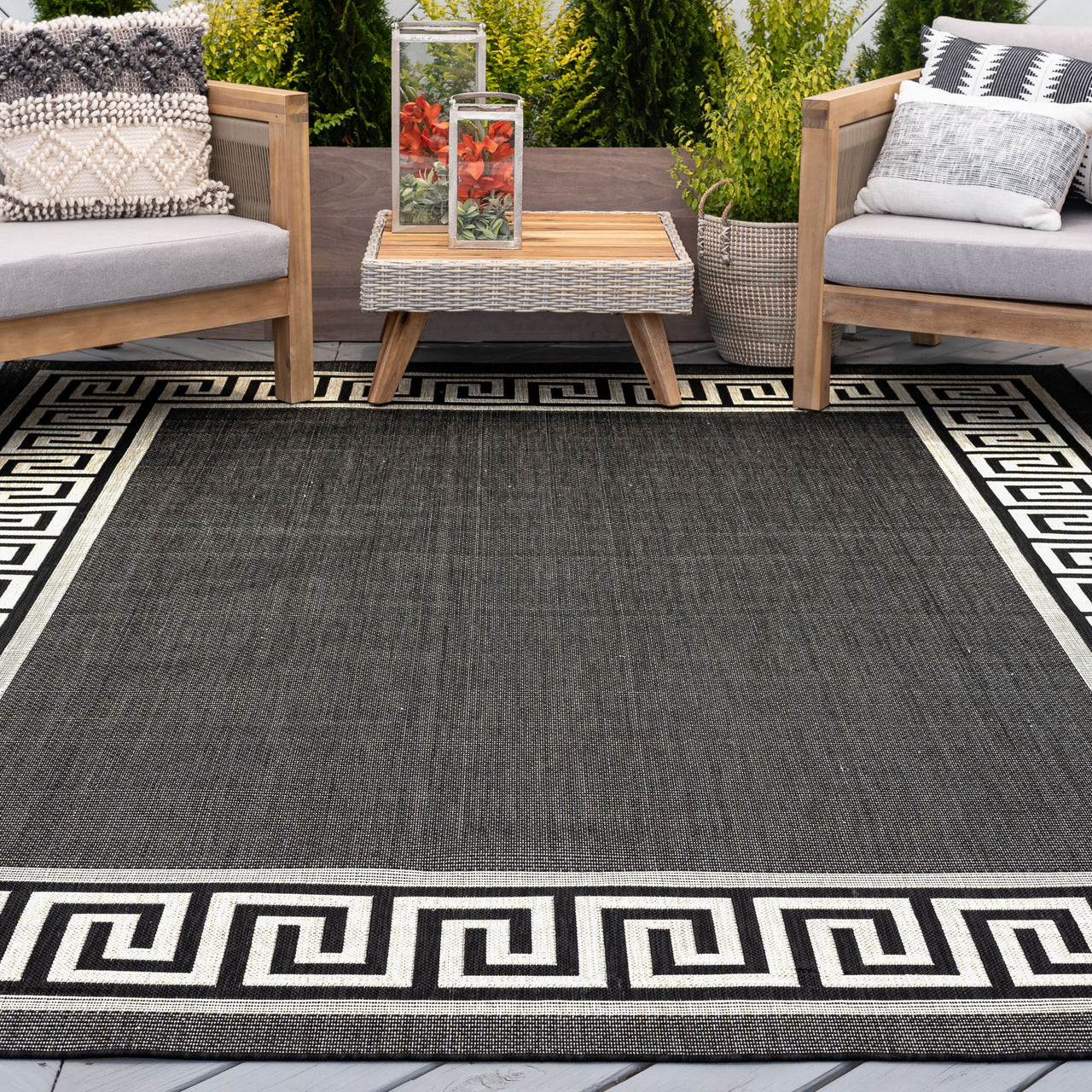5x8 Water Resistant, Indoor Outdoor Rugs for Patios, Front Door Entry, Entryway, Deck, Porch, Balcony | Outside Area Rug for Patio | Black, Greek Key | Size: 5'3'' x 7'3''