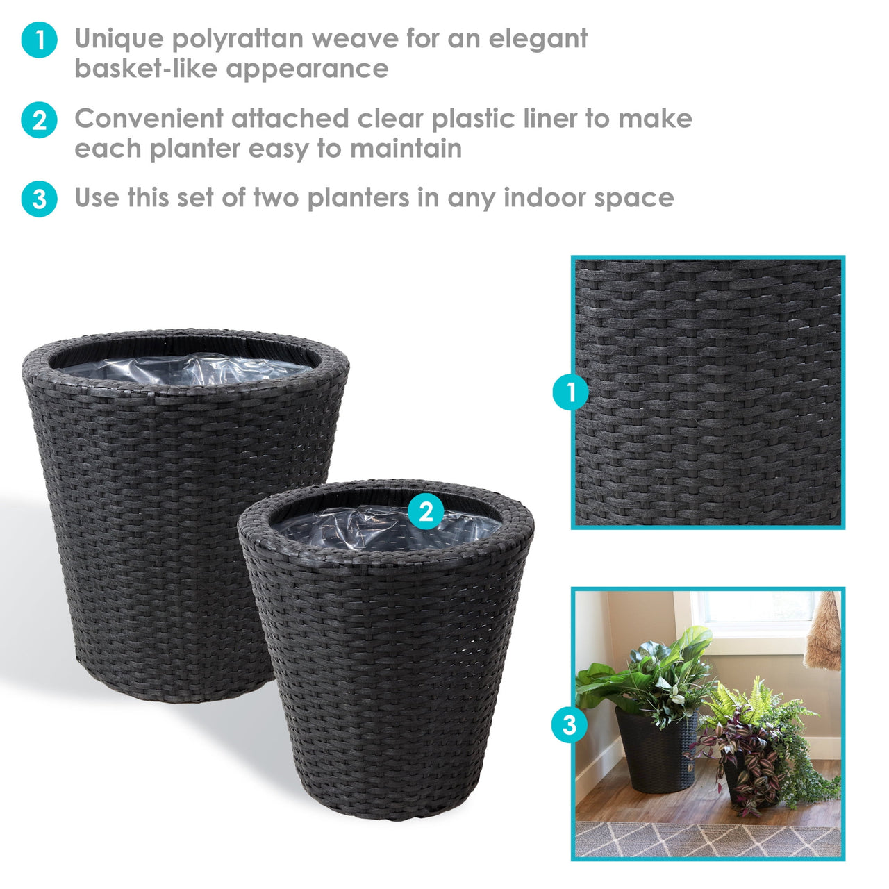 Sunnydaze Modern Assorted Round Black Polyrattan Indoor Planter with Liner 2-Count