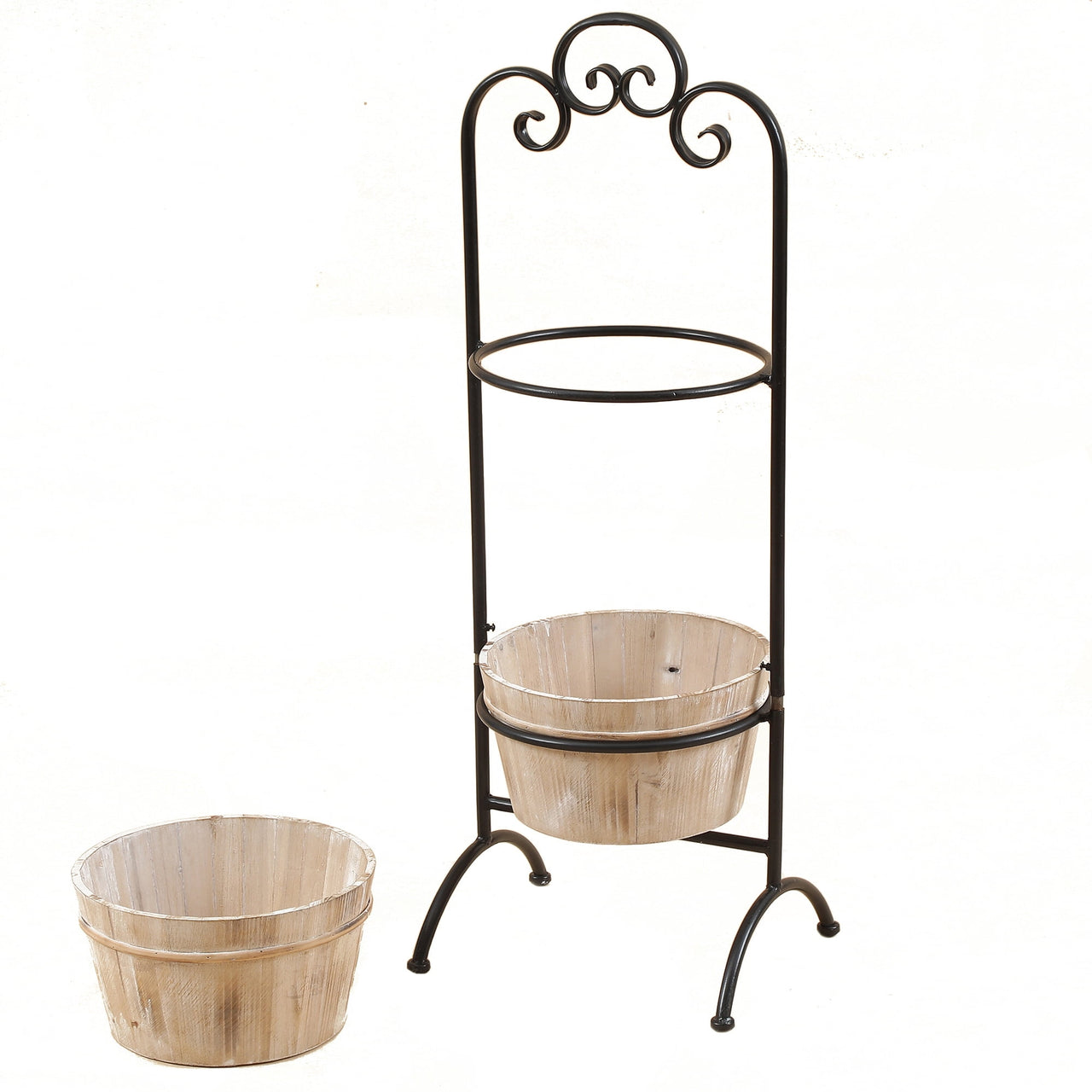 LuxenHome 2-Tier Wood Cachepot Planters with Black Metal Stand