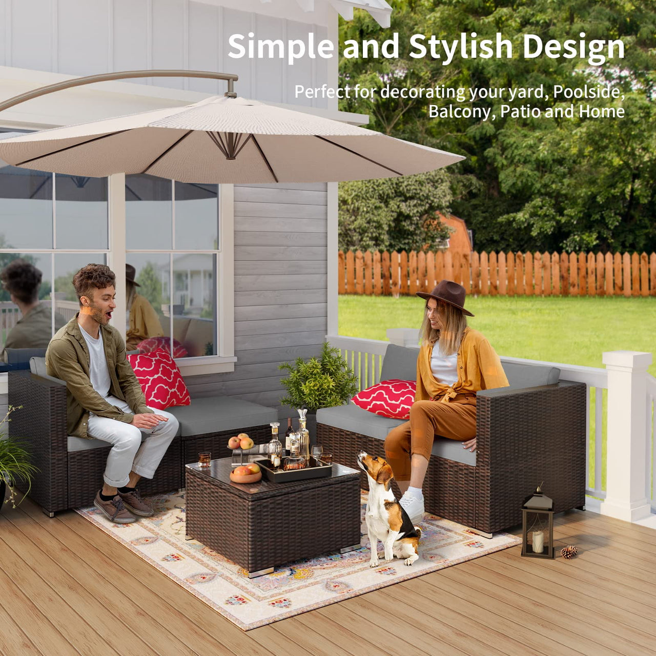 Patio Furniture Set Clearance, 5 Pieces Outdoor Conversation Set with Wicker Sofa Set and Tempered Glass Table for Garden & Backyard, Gray