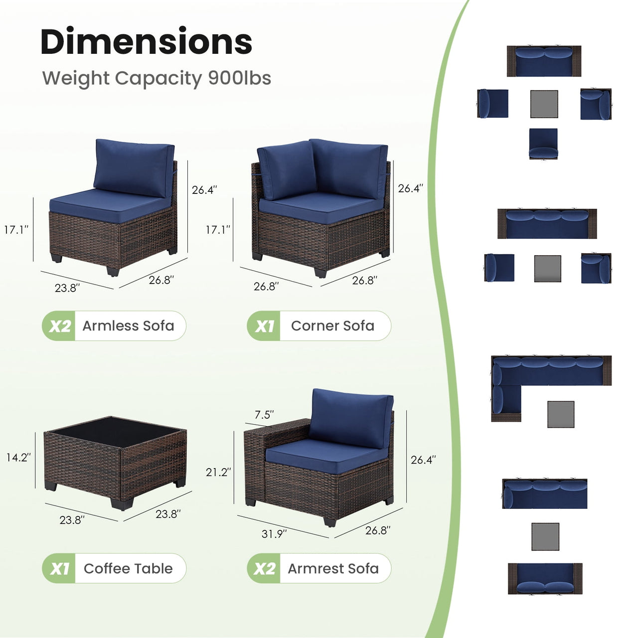 STARY 6 Pieces Outdoor Sectional Sofa with Wide Armrests, Patio Conversation Set, PE Rattan Furniture Set for Backyard, Blue