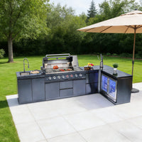 62-Inch 6-Burner 96000 BTU Black Stainless Steel Gas Outdoor Kitchen Bar Barbecue Island Grill + Refrigerator + Rotisserie + Granite Countertops