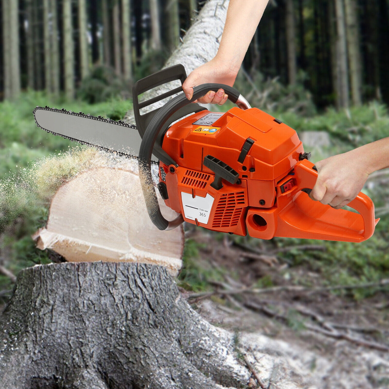 Orange Gas Chainsaw with 24 inch Guide Bar,2-Cycle 65cc Gasoline Power Chain Saws 3.4KW 40.94*10.62*12.99in for Forest Harvesting, Cutting Wood