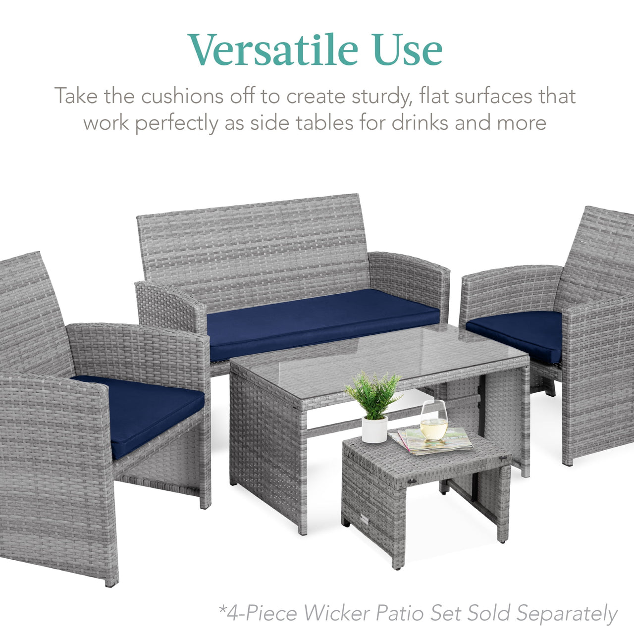 Best Choice Products Set of 2 Multipurpose Patio Wicker Ottomans w/ Removable Cushions - Gray/Navy