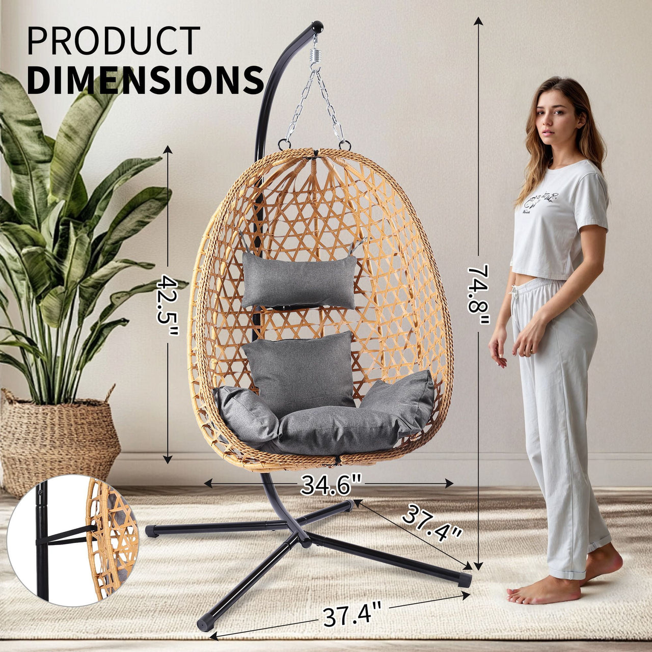 Egg Chair with Stand, Patio Wicker Bifanuo Hanging Chair, Hammock Swing Chair, 350LBS Capacity for Bedroom, Balcony, Garden