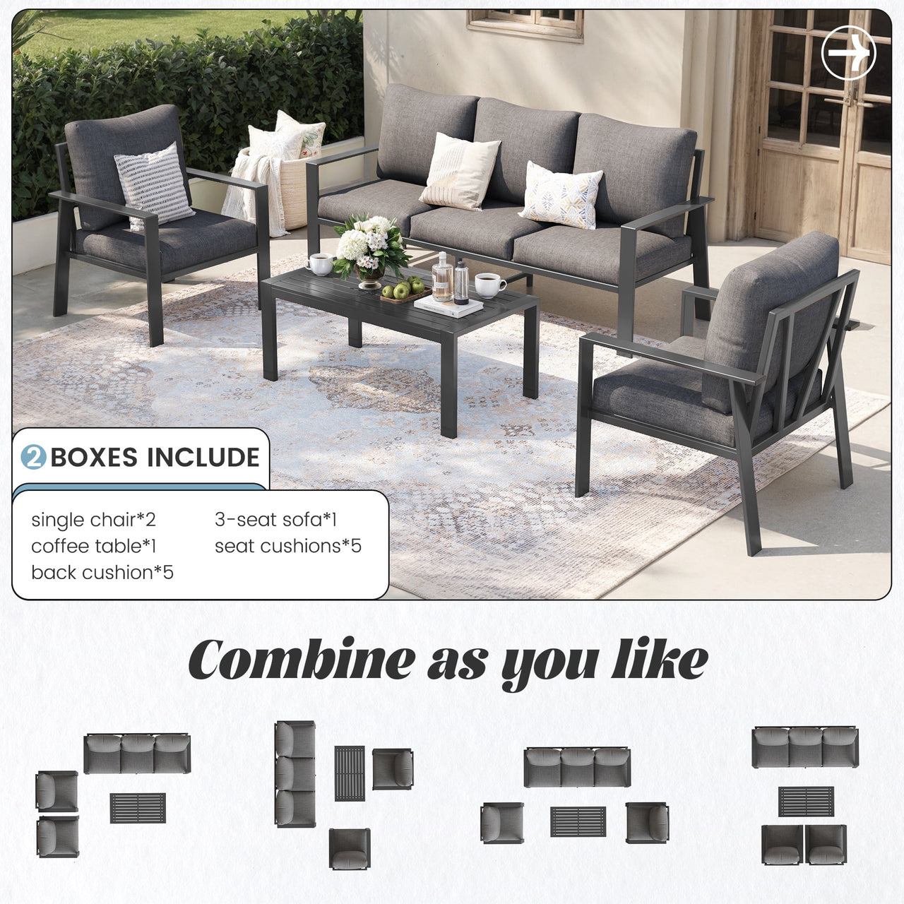 MRUAKA Aluminum Patio Furniture Set, 6 Pcs Modern Outdoor Sofa Sets, Outdoor Sectional Patio Conversation Set with Coffee Table for Backyard, Poolside, Dark Grey
