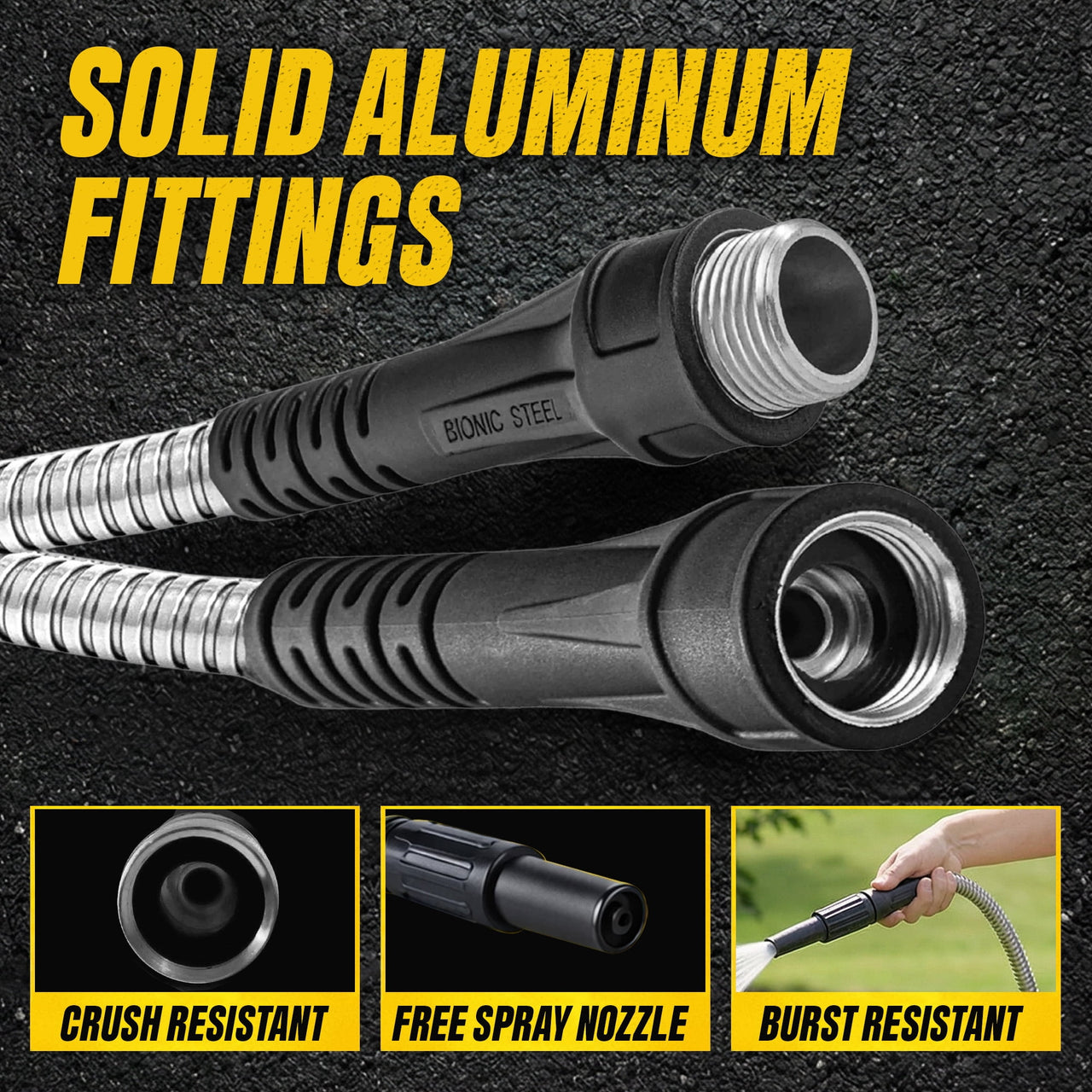 BIONIC STEEL 25 Ft Metal Garden Hose with Sprayer Nozzle, Non Kinking Designed Stainless Steel Heavy Duty Water Hose 100 Ft x 5/8 in. Flexible NON Expandable for Uninterrupted Water Flow, 500 PSI