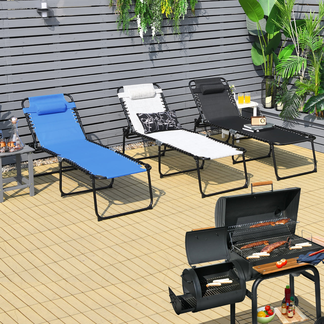 Costway Folding Lounge Chaise 16'' High Recline Chair W/Adjustable Backrest and Footrest Black