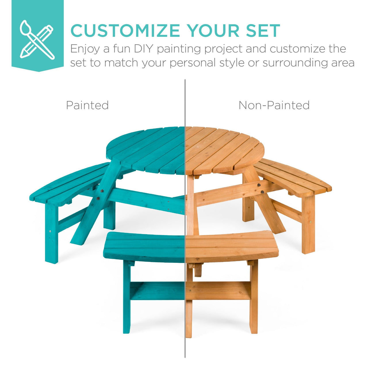 Best Choice Products 6-Person Circular Outdoor Wooden Picnic Table w/ 3 Built-In Benches, 500lb Capacity - Natural
