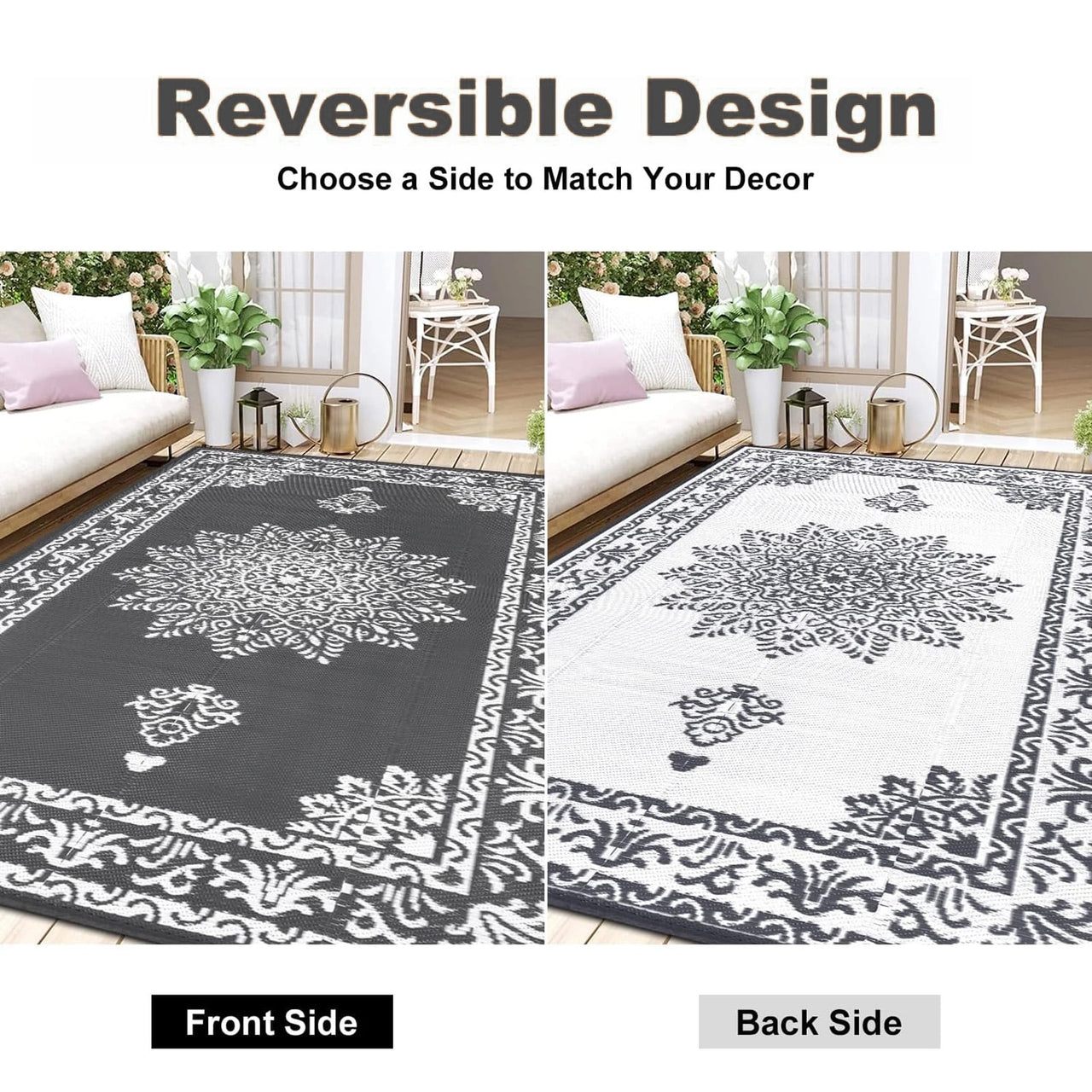 Yamaziot 6'x9' Outdoor Rugs Patio Rug Medallion Reversible Mat, RV Rug, Waterproof Plastic Straw Outdoor Area Rug for Patio, Camping, Porch, Balcony, Beach, Deck, Backyard, Garden, Gray