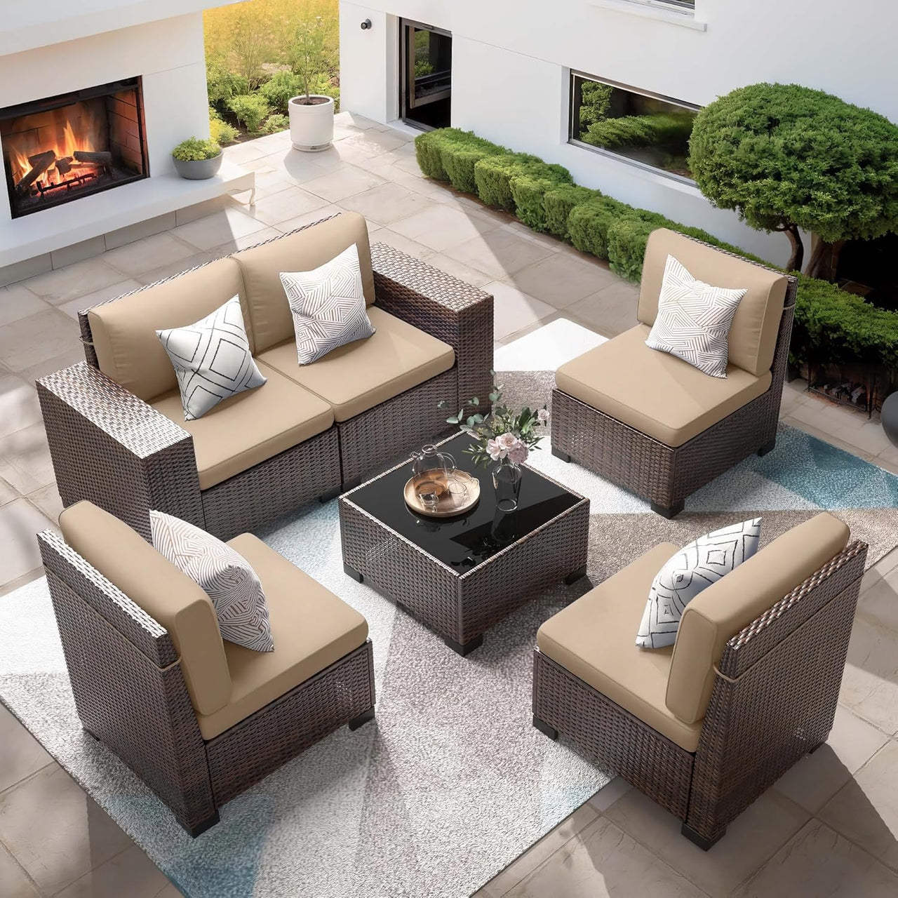 Patio Furniture Set, Ampatio 6-Piece Outdoor Sectional Sofa with Tempered Glass Table for Backyard & Porch, Wicker | Metal | Brown