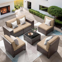 Patio Furniture Set, Ampatio 6-Piece Outdoor Sectional Sofa with Tempered Glass Table for Backyard & Porch, Wicker | Metal | Brown