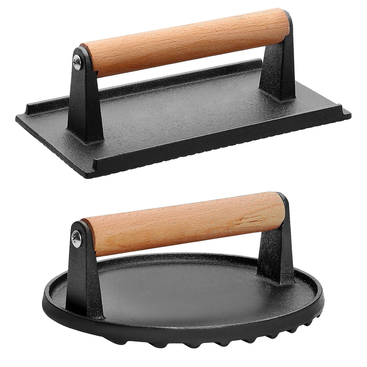 2Pcs Burger Press Heavy-Duty Cast Iron Smashed Meat Steak Weight Grill Griddle Press (7" Round & 8.2"X4.3" Rectangle) with Wood Handle for Camping Griddle