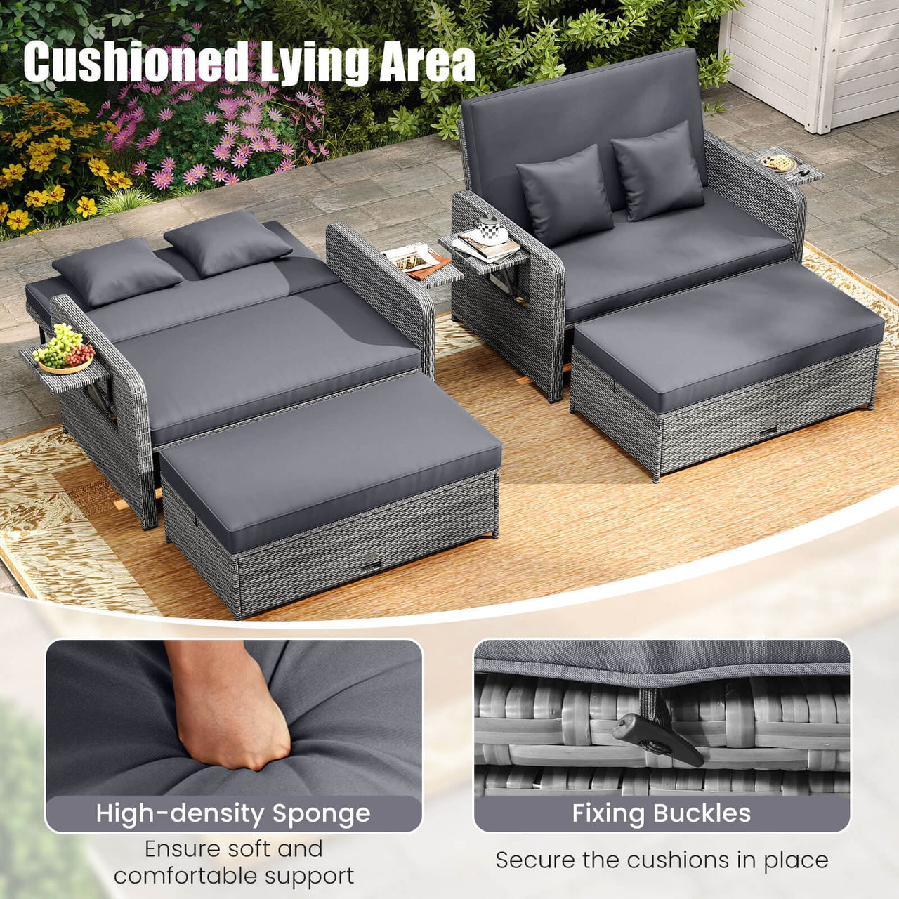 Costway Wicker Outdoor Patio Dining Set with Ottoman and Retractable Side Tray, Gray