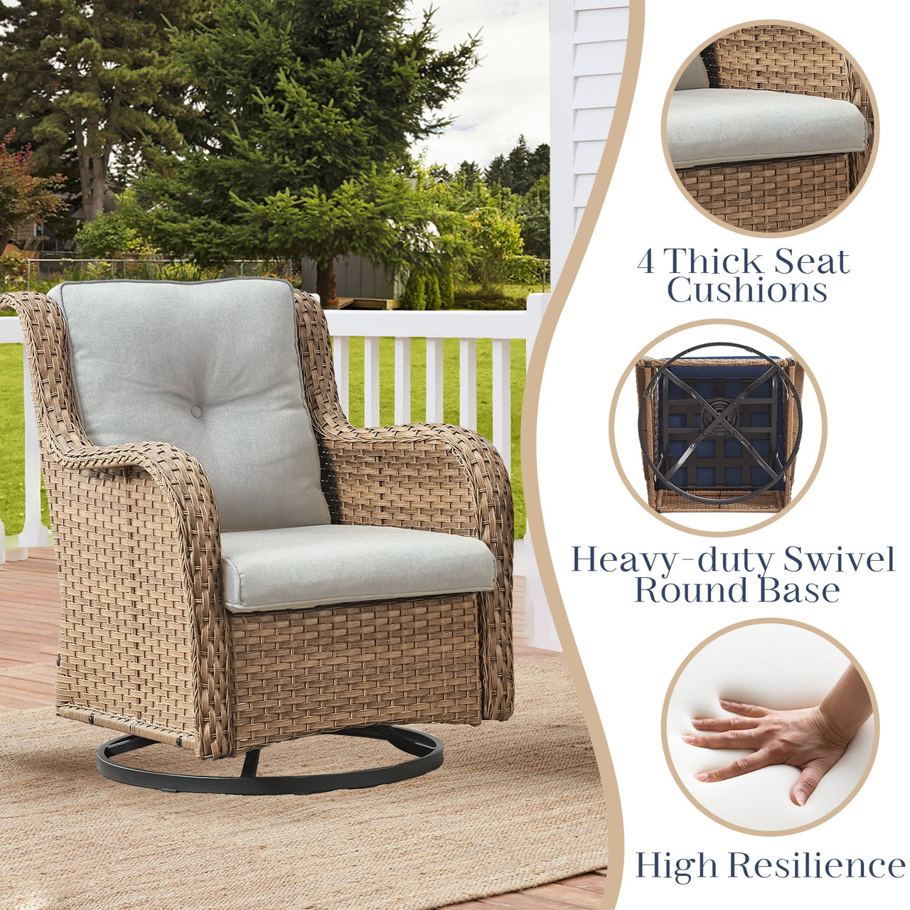 Gymojoy 2 Pieces Outdoor Patio Wicker Swivel Glider Rocker Chair with High Back Deep Seat, Beige