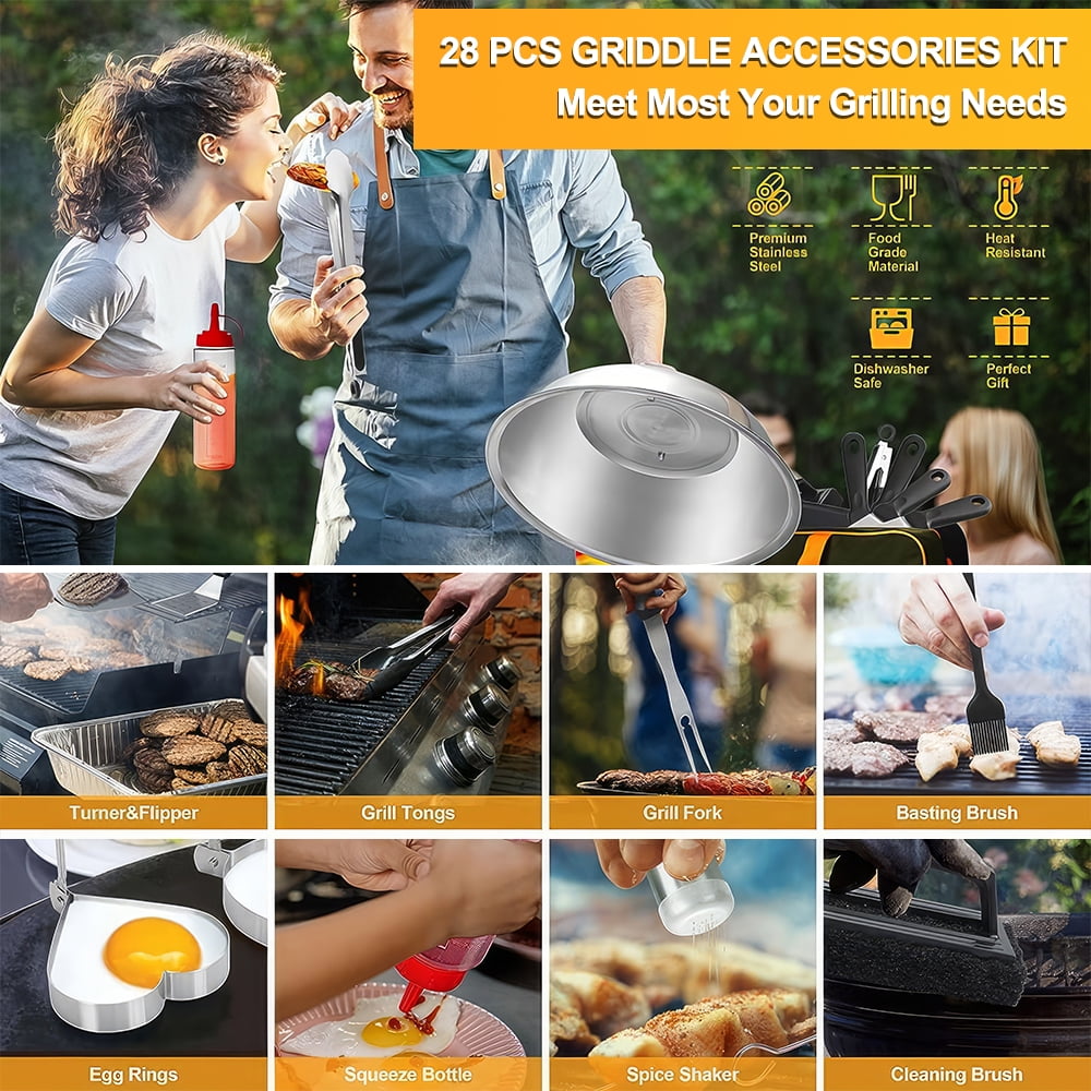 28PCS Griddle Accessories Kit, Flat Top Grill Accessories Set for Blackstone and Camp Chef, Grill Spatula Set with Enlarged Spatulas, Carry Bag,Basting Cover, Scraper for Outdoor BBQ