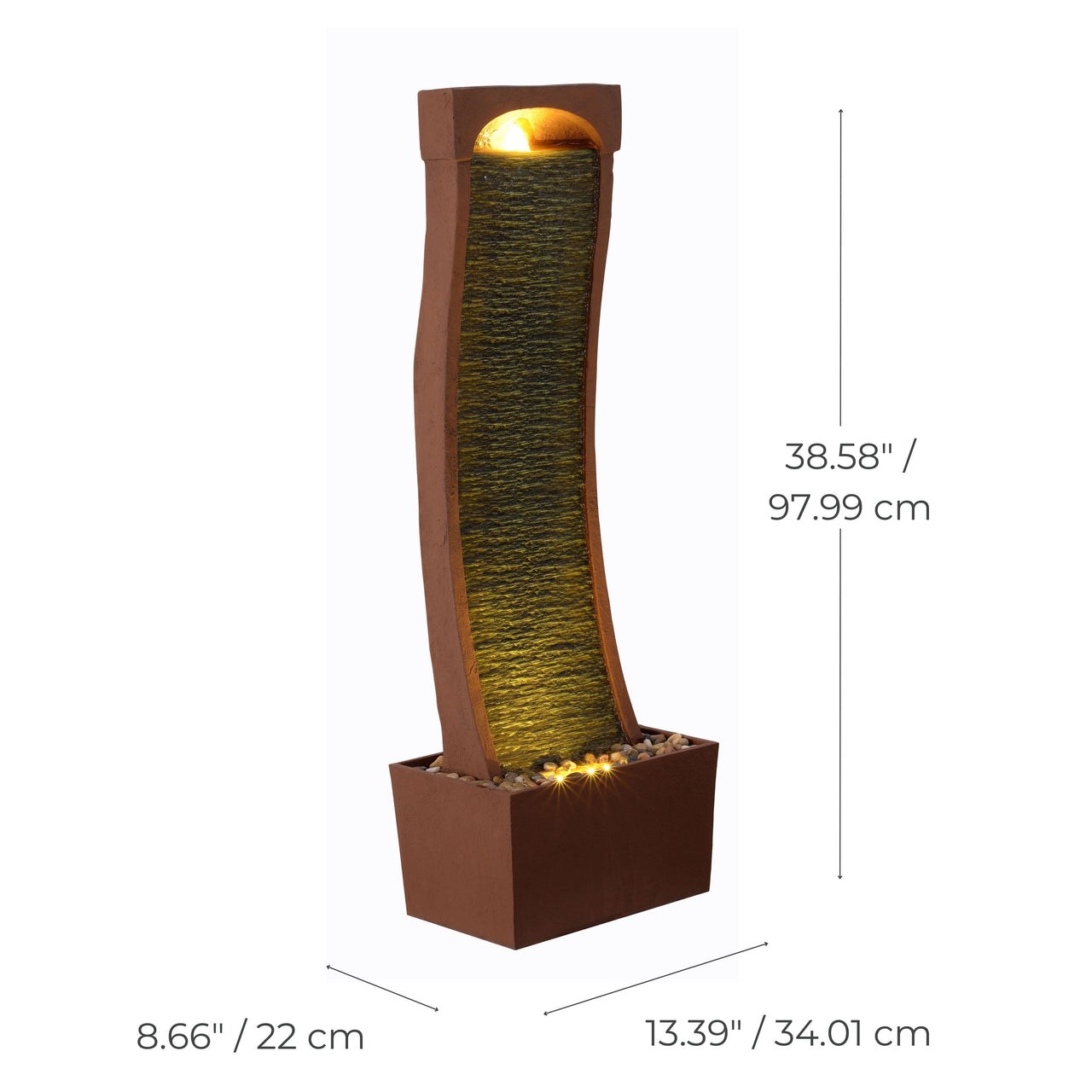Teamson Home 38.5" Indoor/Outdoor Modern Curved Faux Slate Waterfall Fountain with LED Lights, Red Rock
