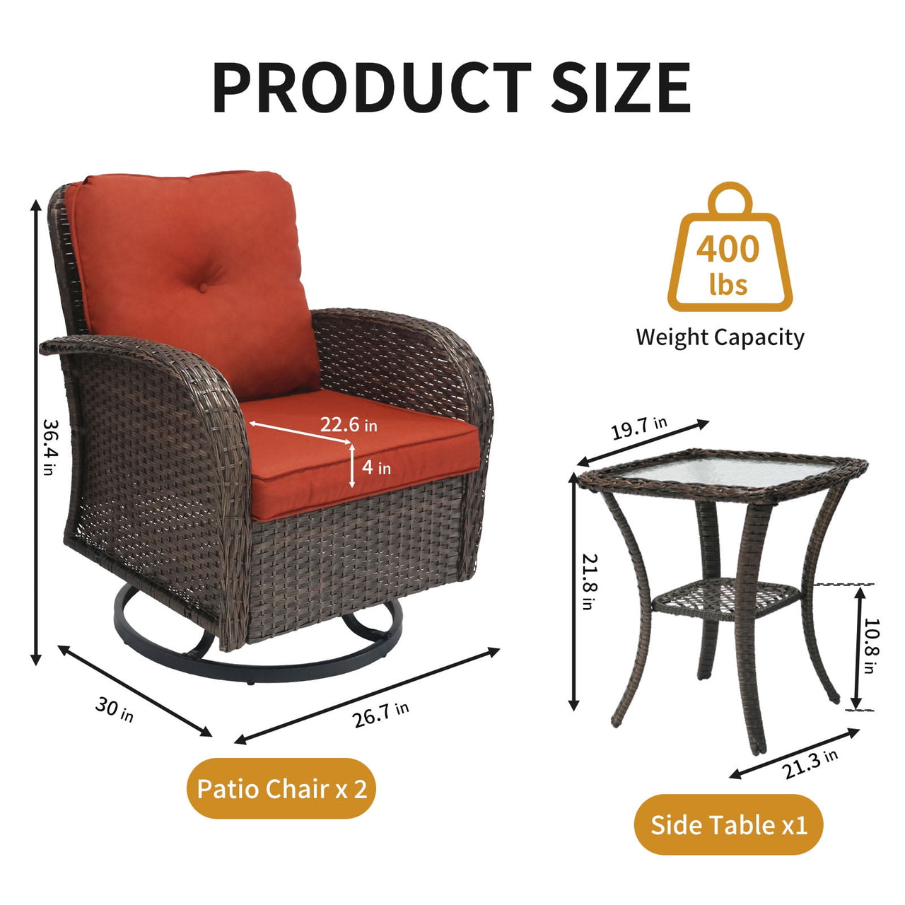 3 Piece Outdoor Swivel Rocker Chairs, Swivel Glider Patio Chairs, Heavy Duty Patio Chairs 400 lbs with Side Table, Red
