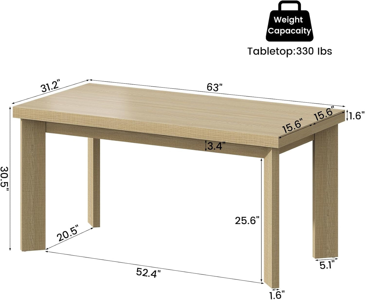 HAUXITIO 63 Inch Dining Table for 6 People, All-Weather Rectangular Table with Solid Wood Legs for Indoor & Outdoor Use,Natural
