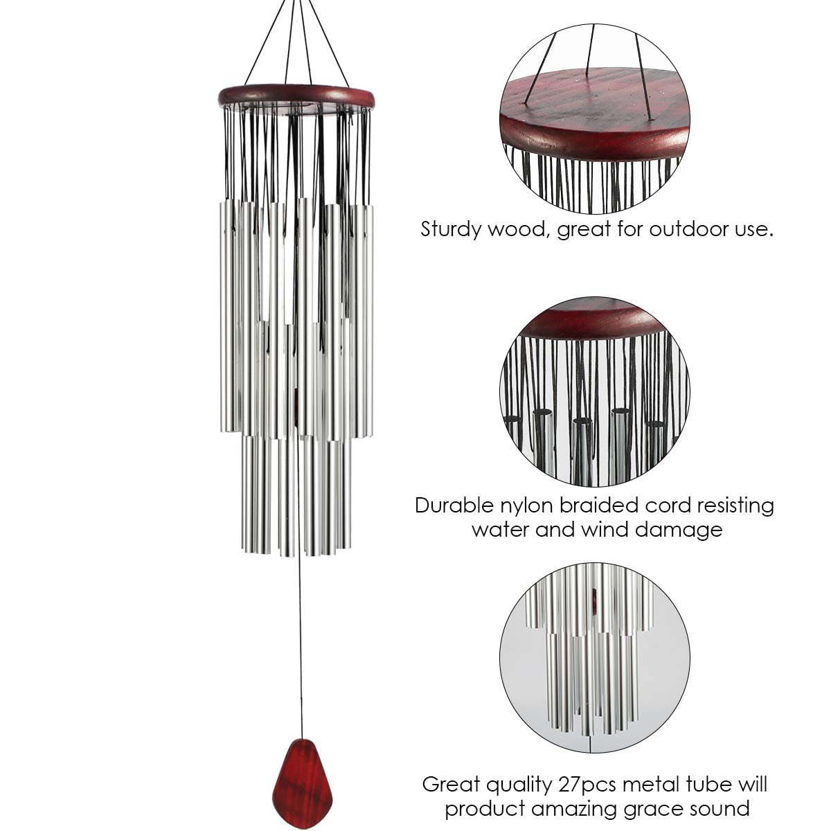 BSHAPPLUS® 32" Wind Chimes,27 Tubes Metal Wind Chimes Silver Tube Wind Chime Chapel Church Bells Outdoor Garden Yard Indoor Pathway Hanging Home Decoration