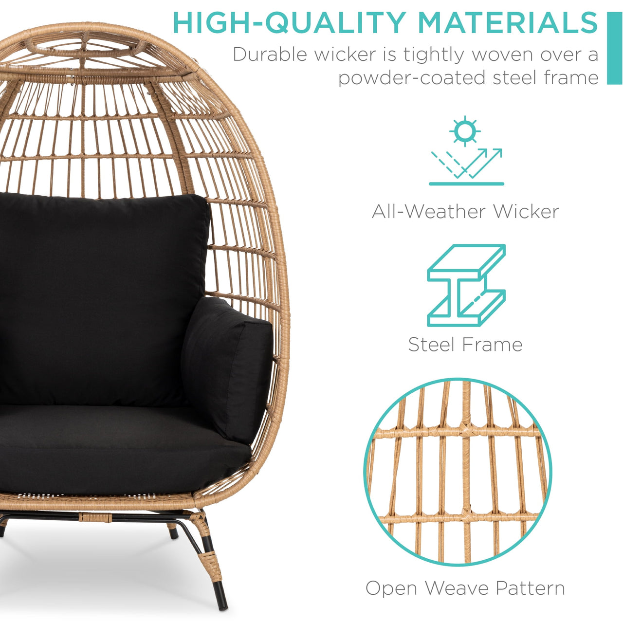 Best Choice Products Wicker Egg Chair Oversized Indoor Outdoor Patio Lounger w/ Steel Frame - Black